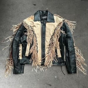 Women's vintage Unik black and brown leather fringe tassel motorcycle jacket 44
